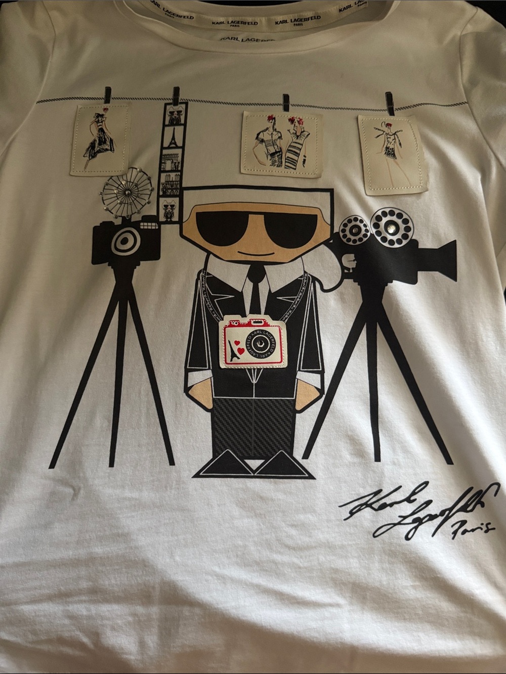 Karl Lagerfeld White Tee with Black & Tan Camera Graphic